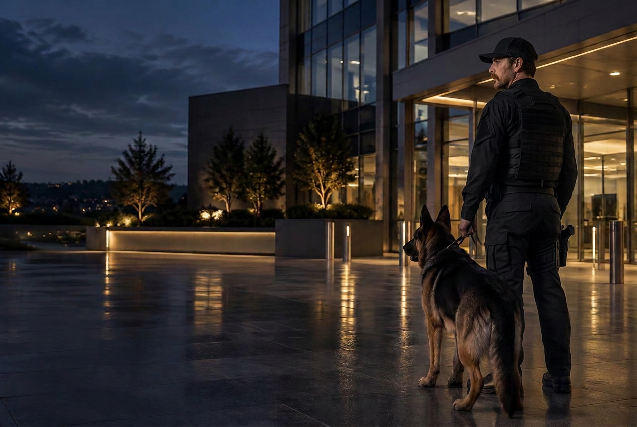 Security professional and German Shepherd at a modern commercial property